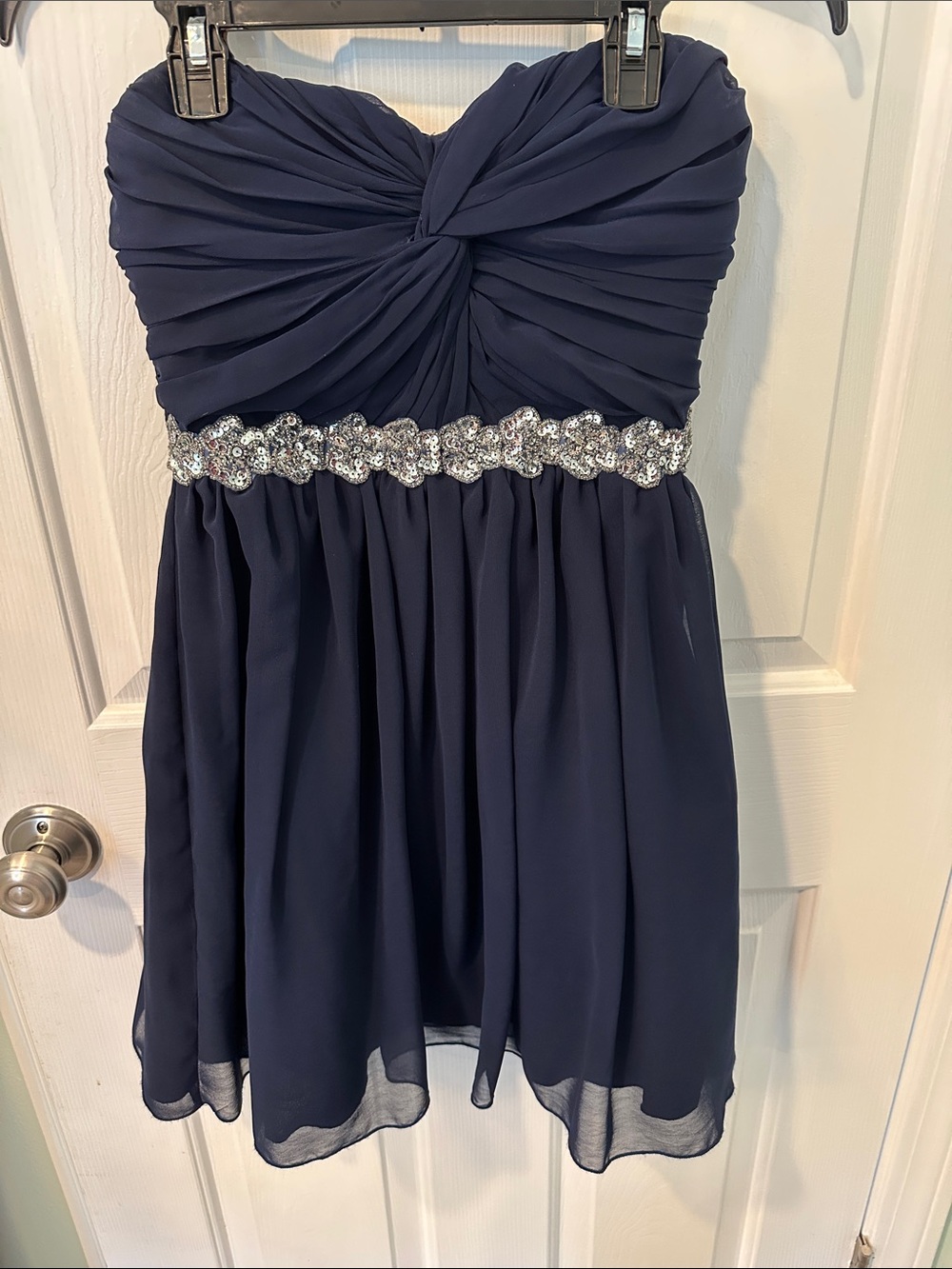 City Studio Navy Blue Strapless Mini Dress with Rhinestone Waist